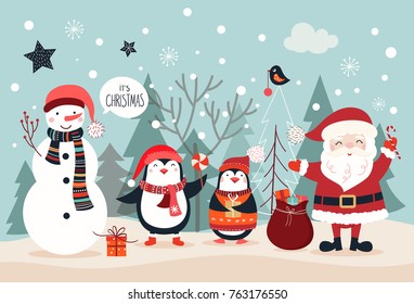 Christmas card with funny characters on a winter background