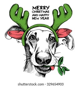Christmas card. Funny dog in a reindeer antlers mask. Vector illustration.