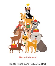 Christmas card with funny dogs in the form of a New Year tree