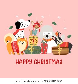 Christmas card with funny dogs and gifts