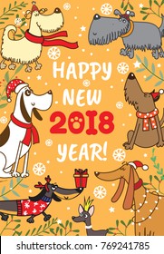 
Christmas card with funny dogs. Happy New Year. Vector illustration