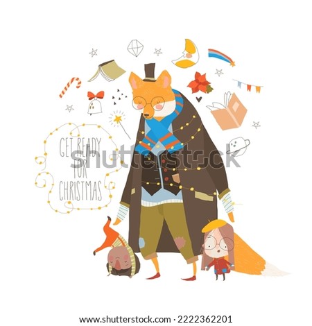 Christmas Card with Funny Fox wearing Coat and Enjoying Kids