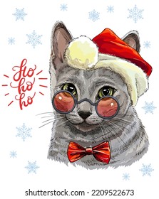 Christmas card with funny gray cat portrait in christmas hat, glasses, bow, snowflakes and lettering ho-ho-ho. Vector illustration. For decor, design, print, posters, stickers, t-shirt and fabric