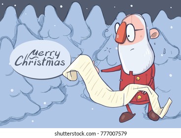 Christmas card of funny hatless Santa Claus in glasses reading a long scroll in snowy winter forest. Vector character illustration.