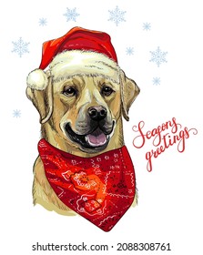 Christmas card. Funny labrador dog portrait in christmas hat, scarf, snowflakes and lettering. Vector illustration. For decor, design, print, posters, stickers, t-shirt and embroidery