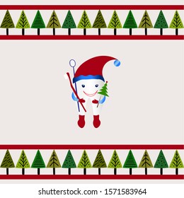 Christmas card with funny little tooth. Vector illustration modern flat cartoon character, on an isolated grey background. Suitable for dental clinic, for printing on a card,sticker,poster,banner