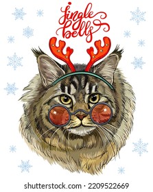 Christmas card with funny Maine Coon cat with deer antlers, snowflakes and lettering jingle bells. Vector illustration. For postcards, decor, design, print, posters, stickers, t-shirt and fabric