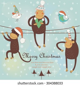 Christmas card with funny  monkeys and cute birds in winter caps