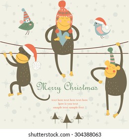Christmas card with funny  monkeys and cute birds in winter caps 
