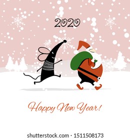 Christmas card with funny mouse and Santa in winter forest, symbol of 2020 year