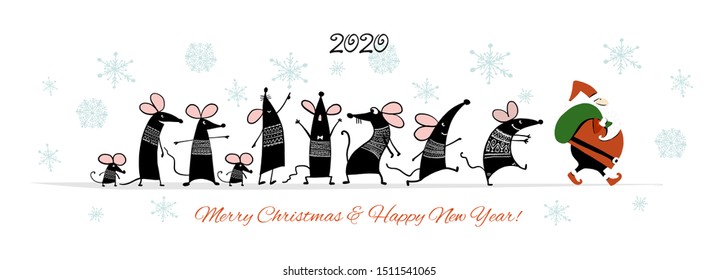 Christmas card with funny mouse and Santa in winter forest, symbol of 2020 year