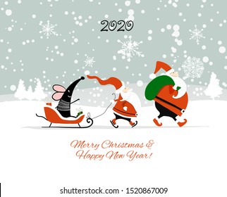 Christmas card with funny mouse and Santa in winter forest, symbol of 2020 year. Vector illustration Christmas card with funny mouse and Santa in winter forest, symbol of 2020 year. Vector illustration