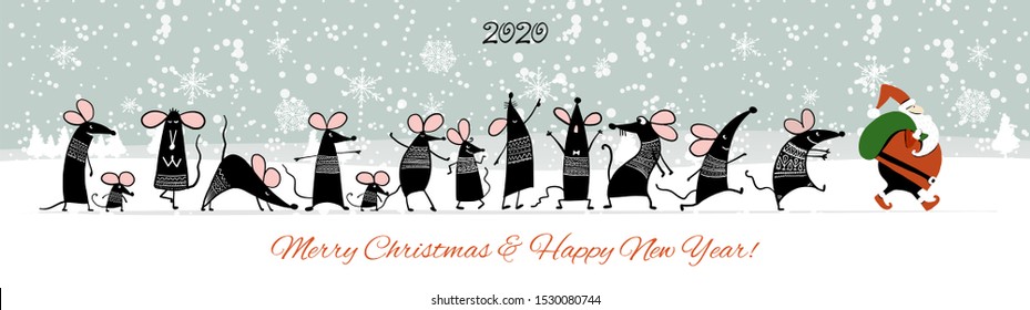 Christmas card with funny mouse and Santa in winter forest, symbol of 2020 year. Vector illustration
