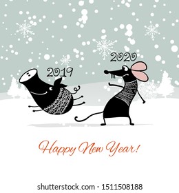 Christmas card with funny mouse, symbol of 2020 year and pig, symbol of 2019