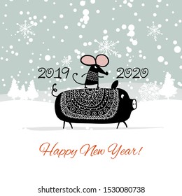 Christmas card with funny mouse, symbol of 2020 year and pig, symbol of 2019. Vector illustration