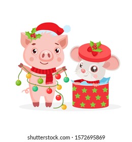 Christmas card with funny mouse, symbol of 2020 year and pig, symbol of 2019. Little Mouse with gift box. Kids Vector Cartoon style illustration.