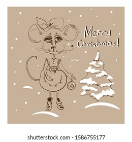 Christmas card with funny mouse and Christmas tree