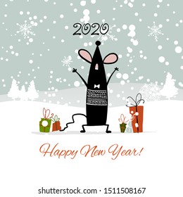 Christmas card with funny mouse in winter forest, symbol of 2020 year