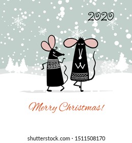 Christmas card with funny mouse in winter forest, symbol of 2020 year