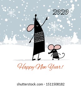 Christmas card with funny mouse in winter forest, symbol of 2020 year