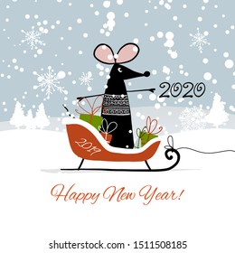 Christmas card with funny mouse in winter forest, symbol of 2020 year