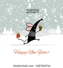 Christmas card with funny mouse in winter forest, symbol of 2020 year. Vector illustration