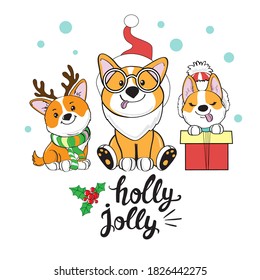 Christmas card with funny new year dogs corgi and the inscription holly jolly on a white background. Vector cartoon illustration