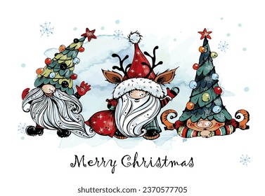 Christmas card with funny Nordic gnomes with gifts.  Doodle style. Vector.