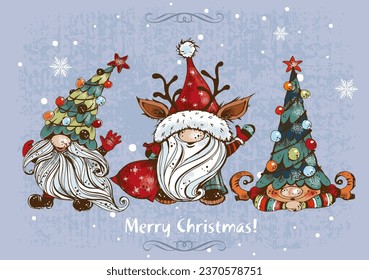 Christmas card with funny Nordic gnomes with gifts.  Doodle style. Vector.