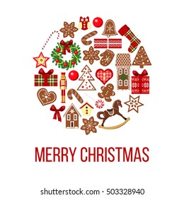 Christmas card. Funny objects on bauble shape. Postcard background. Vector. Funny figures. Xmas tree, snowflakes, cane, heart, star, bell detailed house mittens For postcards wrapping