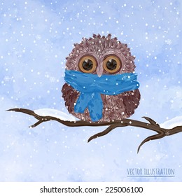 Christmas card with funny owls on a winter tree. Vector background
