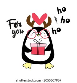 Christmas card with funny penguin. Vector illustration for winter holidays