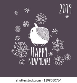 Christmas card with funny pig, symbol of 2019 year for your design