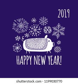Christmas card with funny pig, symbol of 2019 year for your design