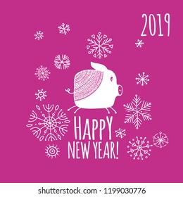 Christmas card with funny pig, symbol of 2019 year for your design