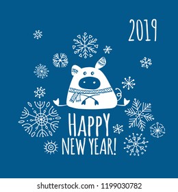 Christmas card with funny pig, symbol of 2019 year for your design