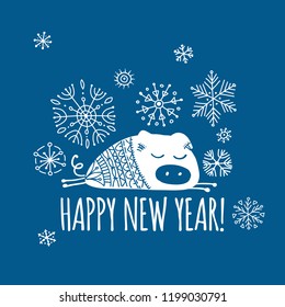 Christmas card with funny pig, symbol of 2019 year for your design