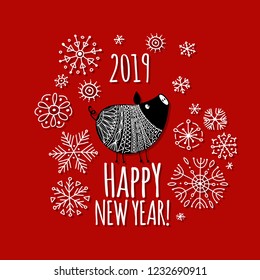 Christmas card with funny pig, symbol of 2019 year for your design