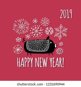 Christmas card with funny pig, symbol of 2019 year for your design