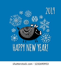 Christmas card with funny pig, symbol of 2019 year for your design