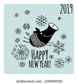Christmas card with funny pig, symbol of 2019 year for your design