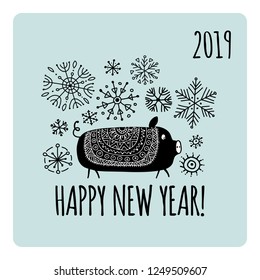 Christmas card with funny pig, symbol of 2019 year for your design