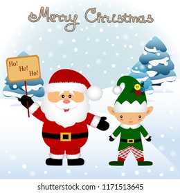 Christmas card. Funny postcard with Christmas Elf and Santa. Vector Illustration.