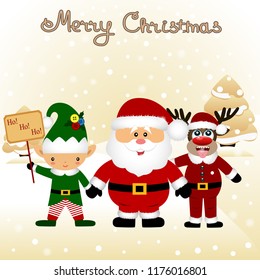 Christmas card. Funny postcard with Christmas Elf, Christmas reindeer and Santa. Vector Illustration.