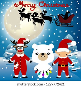 Christmas card. Funny postcard with Christmas Elf, Christmas reindeer, Santa and bear. Vector Illustration.