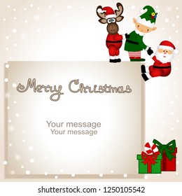 Christmas card. Funny postcard with Christmas Elf, Christmas reindeer and Santa Claus. Vector Illustration.