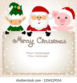 Christmas card. Funny postcard with Christmas Elf, pig and Santa. Vector Illustration.