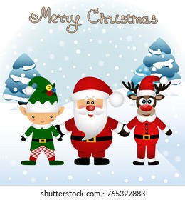 
Christmas card. Funny postcard with Christmas Elf, Christmas reindeer and Santa. Vector Illustration.