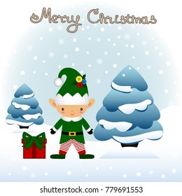 Christmas card. Funny postcard with Christmas Elf. Vector Illustration.