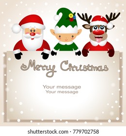 Christmas card. Funny postcard with Christmas Elf, Christmas reindeer and Santa. Vector Illustration.